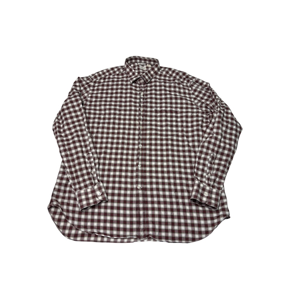 Culturata Mens XXL Tailored Fit Plaid Button Down Shirt Burgundy Grey Made Italy